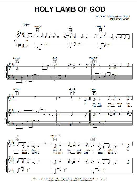 Gary Sadler Holy Lamb Of God sheet music notes and chords arranged for Piano, Vocal & Guitar Chords (Right-Hand Melody)
