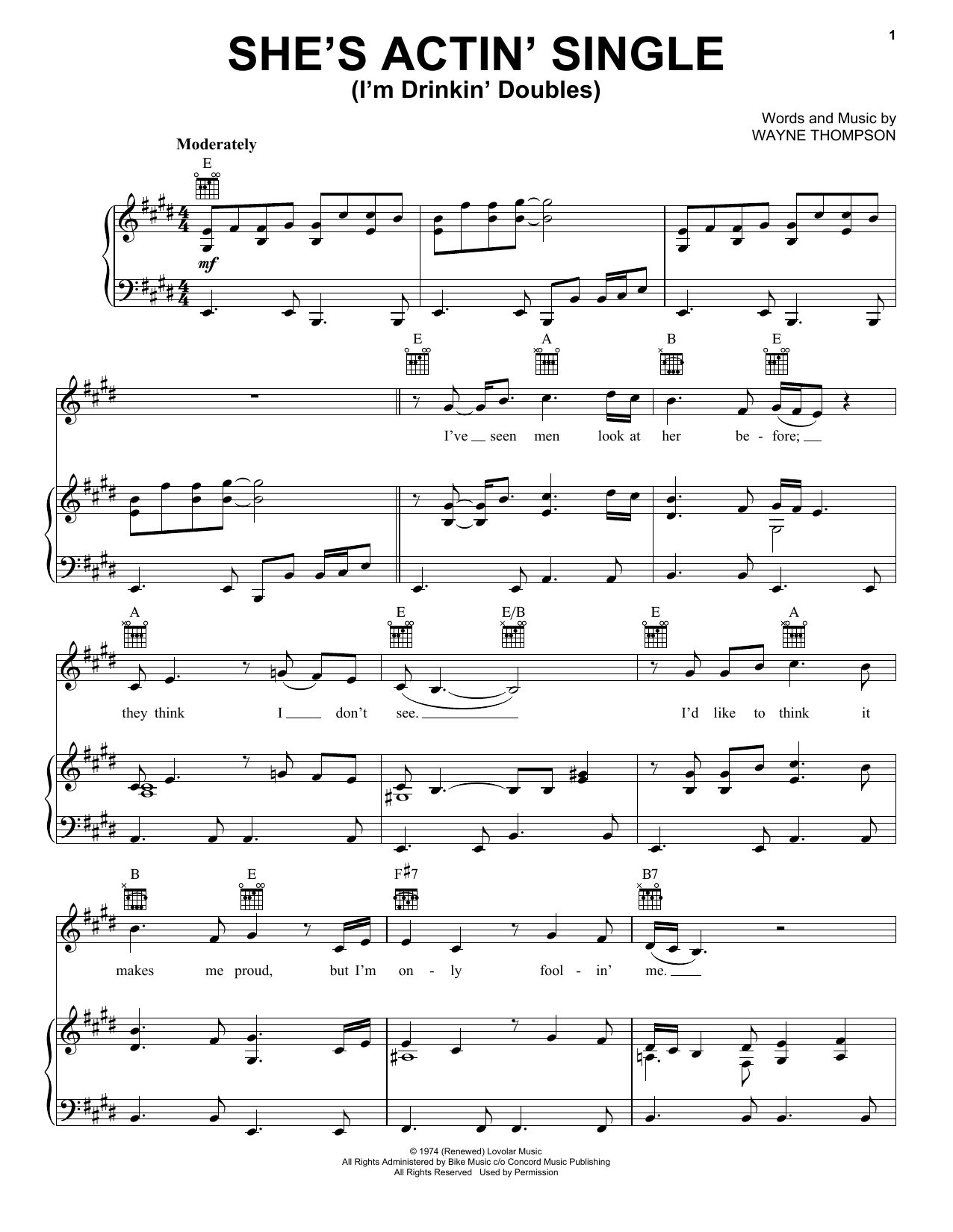Gary Stewart She's Actin' Single (I'm Drinkin' Doubles) sheet music notes and chords arranged for Piano, Vocal & Guitar Chords (Right-Hand Melody)
