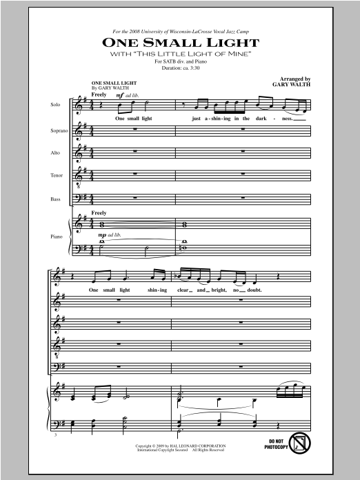 Gary Walth One Small Light (with This Little Light of Mine) sheet music notes and chords arranged for SATB Choir