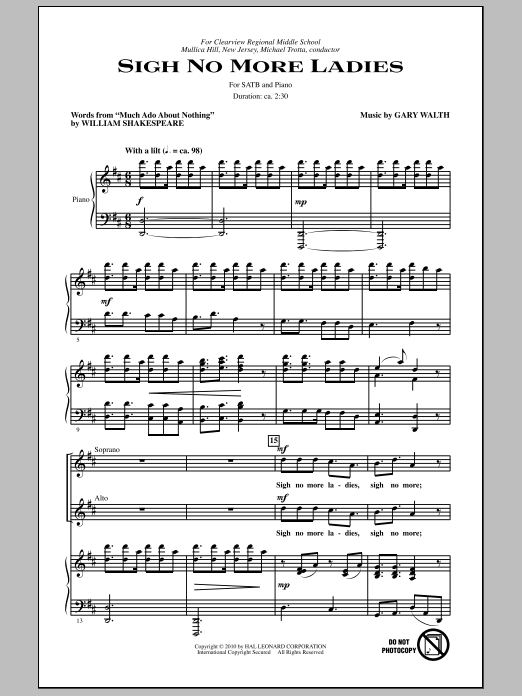 Gary Walth Sigh No More Ladies sheet music notes and chords arranged for SATB Choir