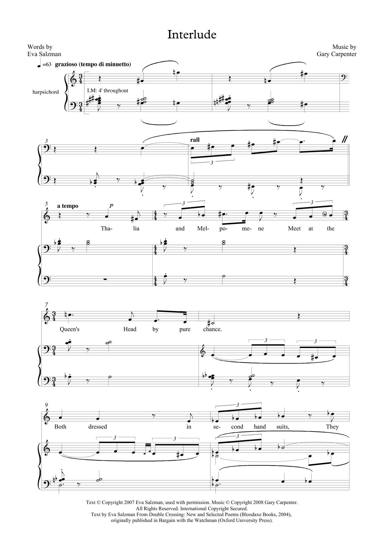 Gary Carpenter Interlude (for mezzo-soprano and harpsichord) sheet music notes and chords arranged for Piano & Vocal