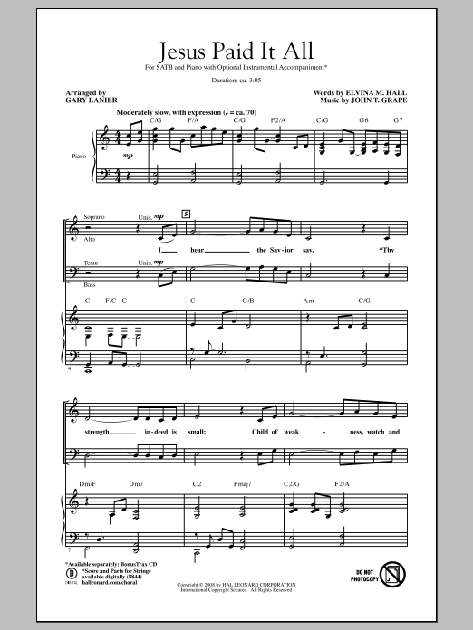 Gary Lanier Jesus Paid It All sheet music notes and chords arranged for SATB Choir