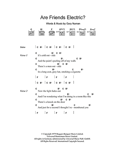 Gary Numan Are 'Friends' Electric? sheet music notes and chords arranged for Guitar Chords/Lyrics