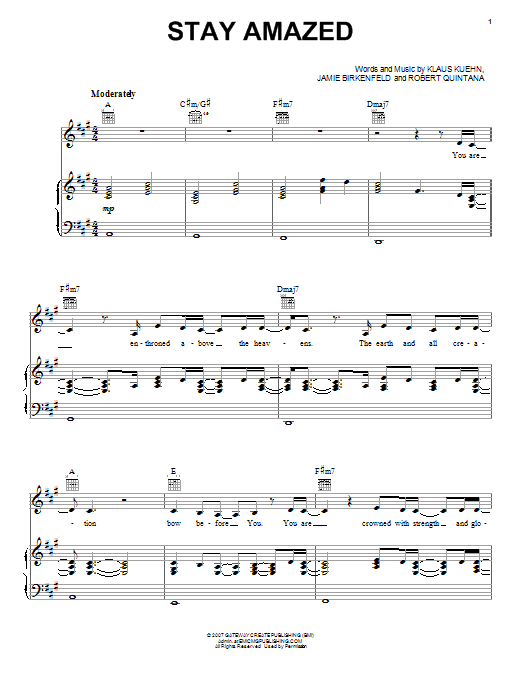 Robert Quintana Stay Amazed sheet music notes and chords arranged for Piano, Vocal & Guitar Chords (Right-Hand Melody)