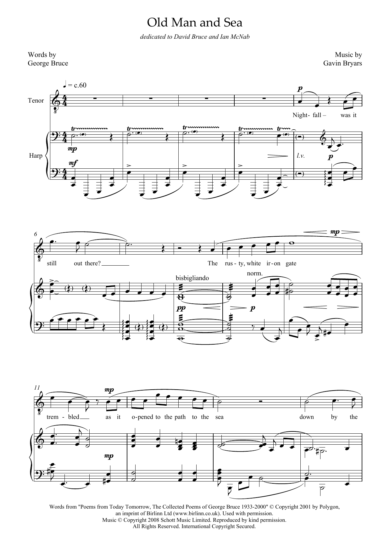 Gavin Bryars Old Man and Sea (for tenor and harp) sheet music notes and chords arranged for Piano & Vocal