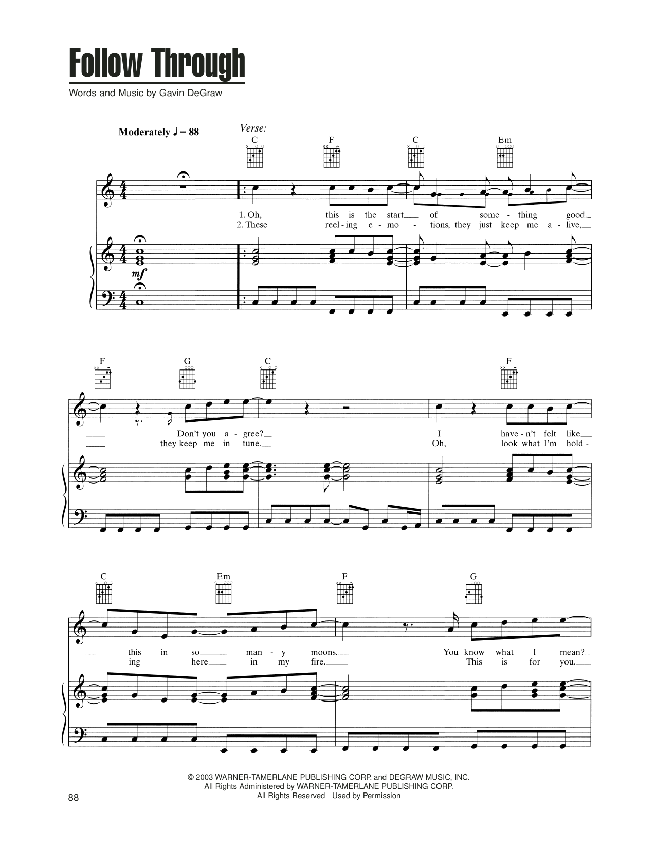 Gavin DeGraw Follow Through sheet music notes and chords arranged for Piano, Vocal & Guitar Chords (Right-Hand Melody)