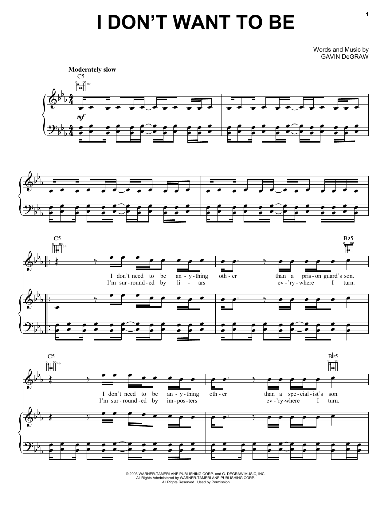 Gavin DeGraw I Don't Want To Be sheet music notes and chords arranged for Piano, Vocal & Guitar Chords (Right-Hand Melody)