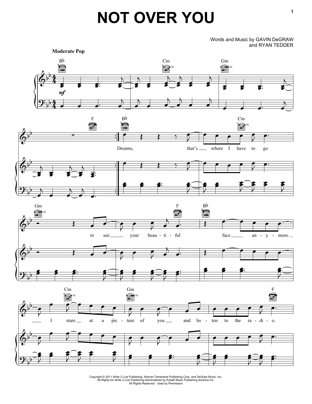 Gavin DeGraw Not Over You sheet music notes and chords arranged for Piano, Vocal & Guitar Chords (Right-Hand Melody)