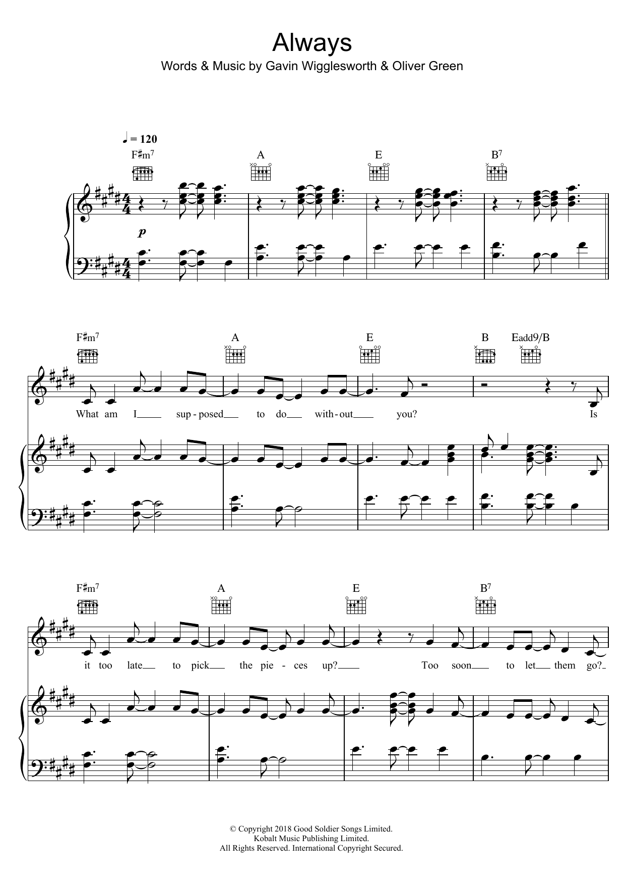 Gavin James Always sheet music notes and chords arranged for Piano, Vocal & Guitar Chords