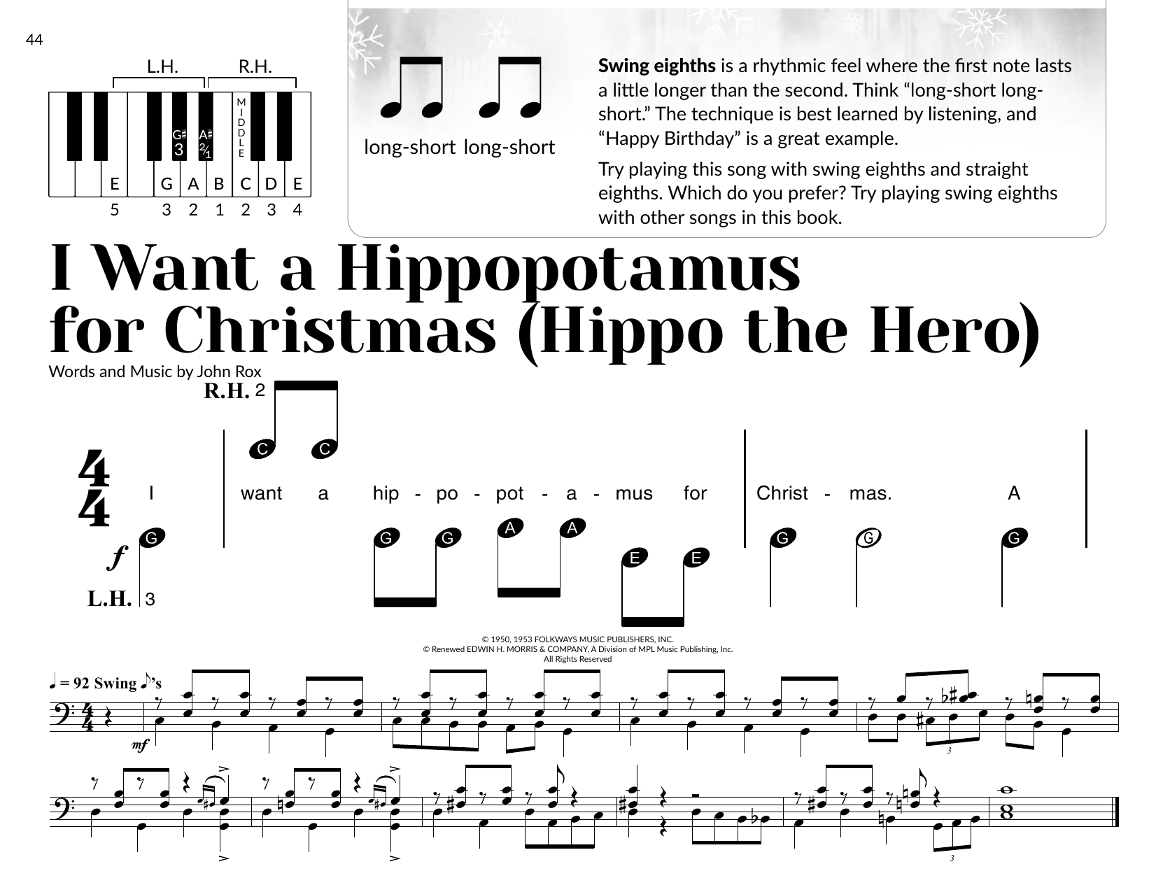 Gayla Peevey I Want A Hippopotamus For Christmas (Hippo The Hero) (arr. Brittany McCorriston) sheet music notes and chords arranged for Very Beginner Piano