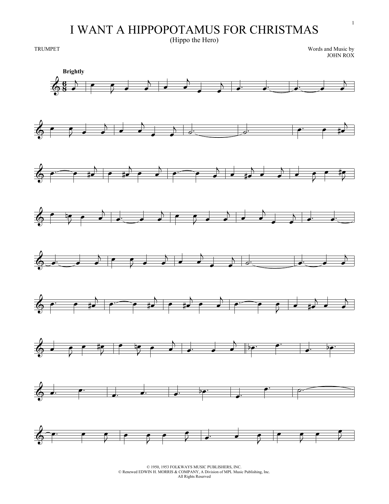Gayla Peevey I Want A Hippopotamus For Christmas (Hippo The Hero) sheet music notes and chords arranged for Flute Solo
