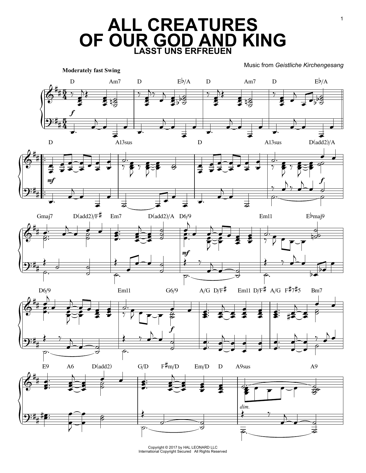 Geistliche Kirchengesang All Creatures Of Our God And King [Jazz version] sheet music notes and chords arranged for Piano Solo