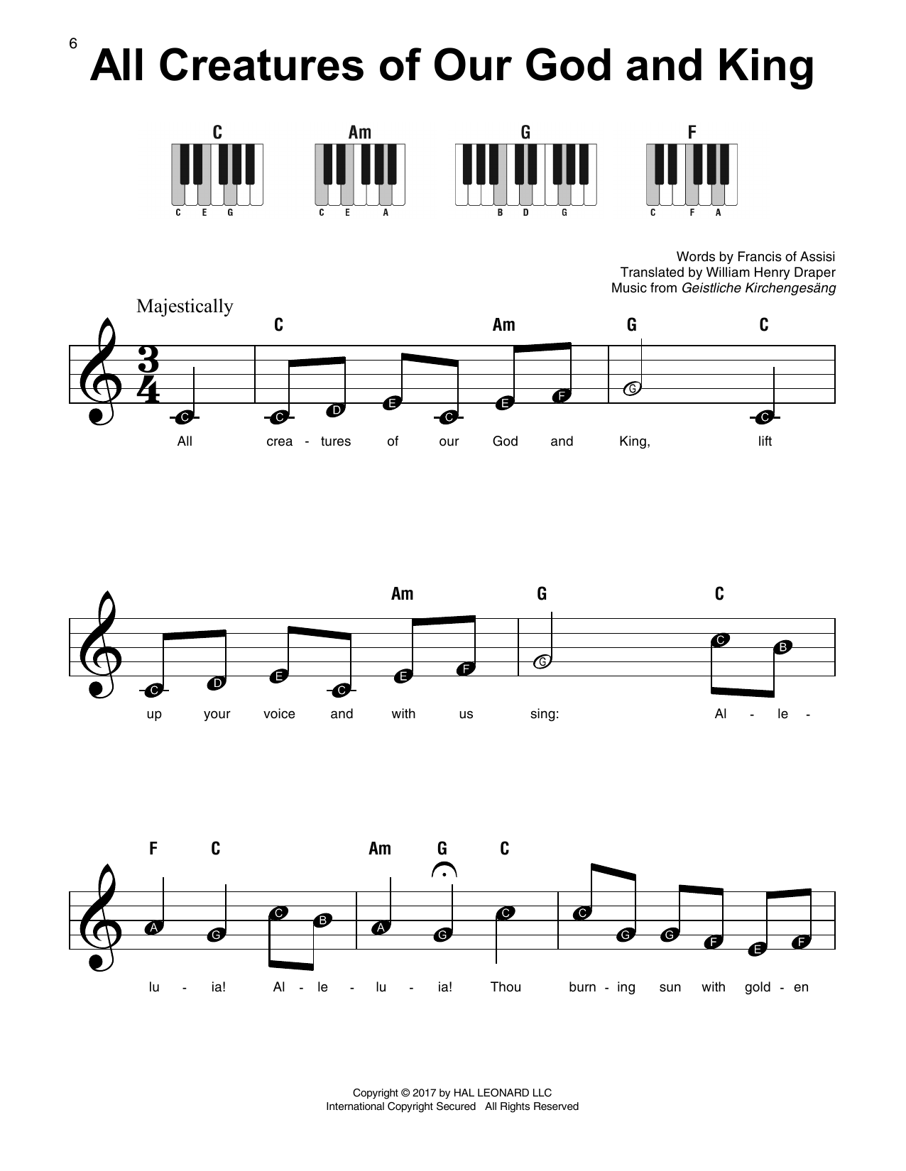 Geistliche Kirchengesang All Creatures Of Our God And King sheet music notes and chords arranged for Easy Piano