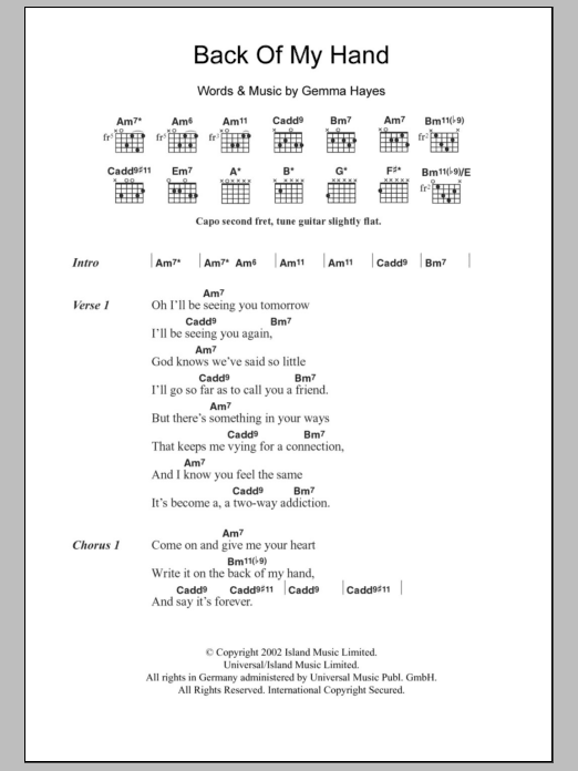 Gemma Hayes Back Of My Hand sheet music notes and chords arranged for Guitar Chords/Lyrics