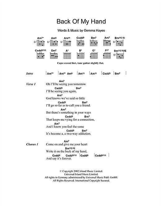 Gemma Hayes Back Of My Hand sheet music notes and chords arranged for Guitar Chords/Lyrics