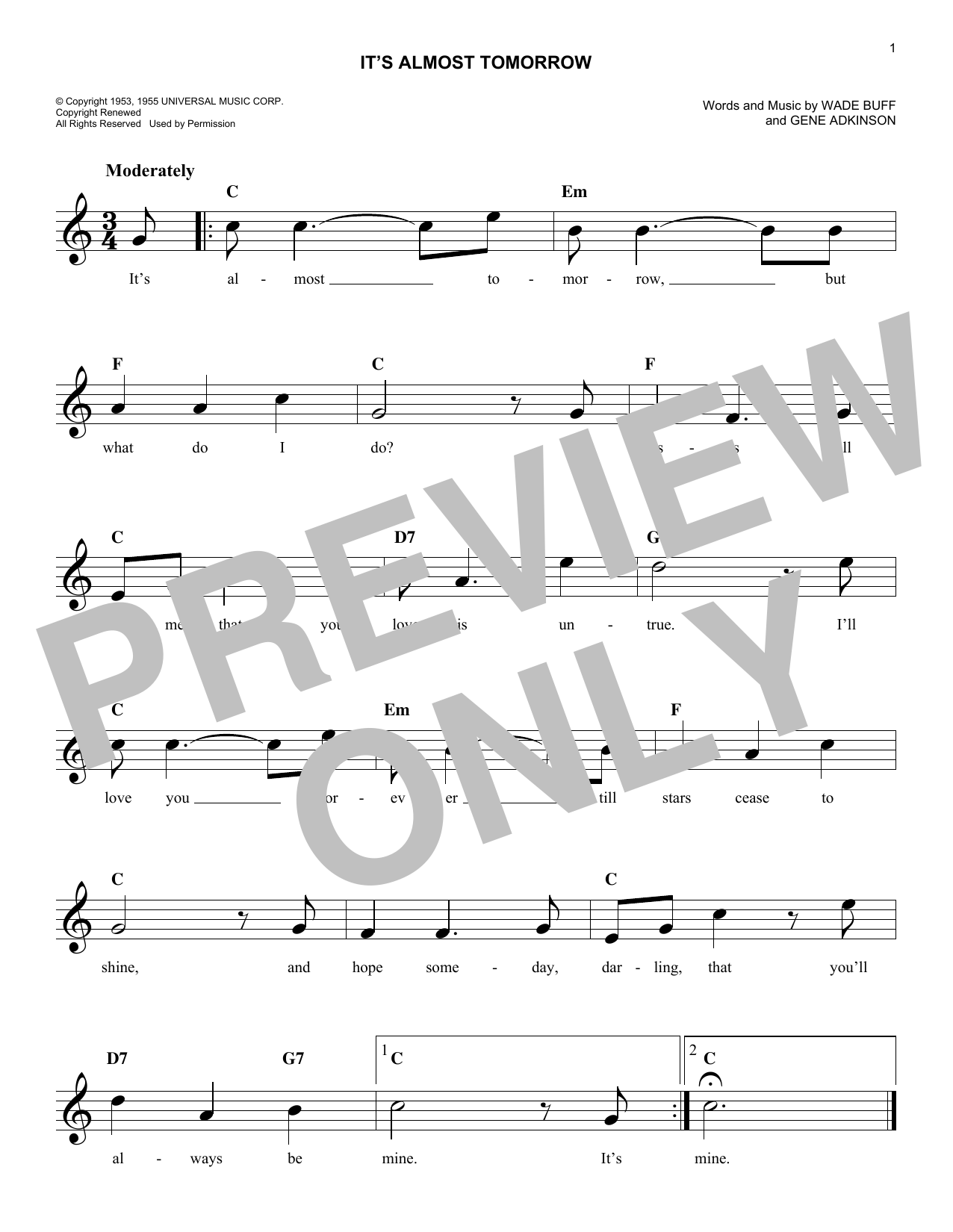Gene Adkinson It's Almost Tomorrow sheet music notes and chords arranged for Lead Sheet / Fake Book