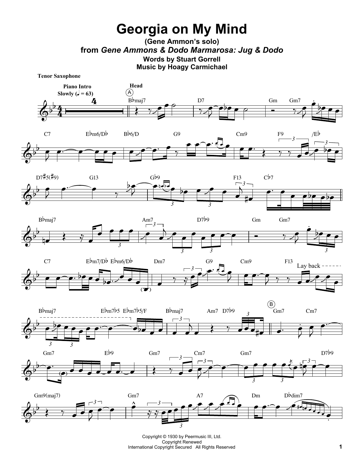 Gene Ammons Georgia On My Mind sheet music notes and chords arranged for Tenor Sax Transcription