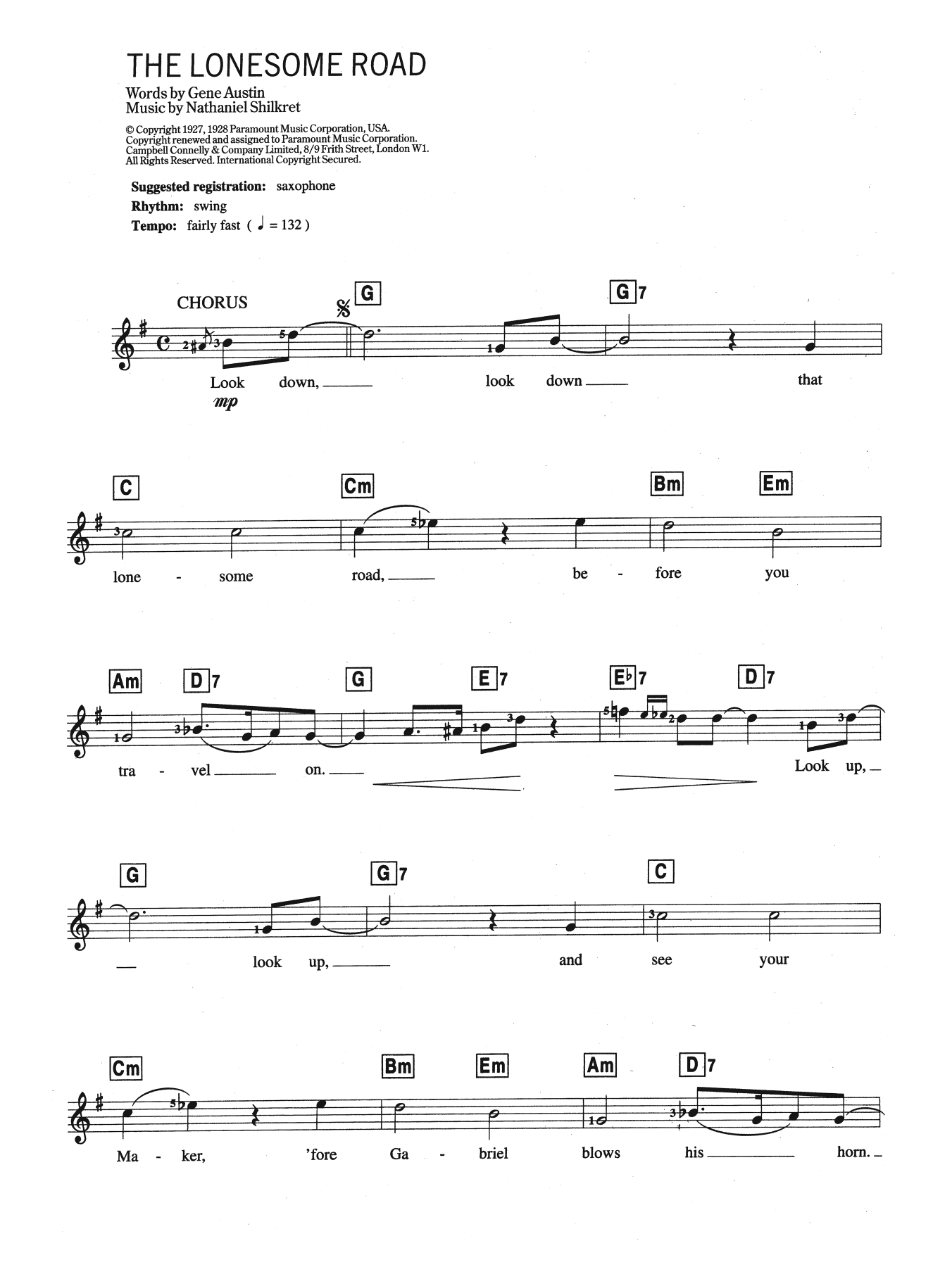 Gene Austin Lonesome Road sheet music notes and chords arranged for Piano Chords/Lyrics