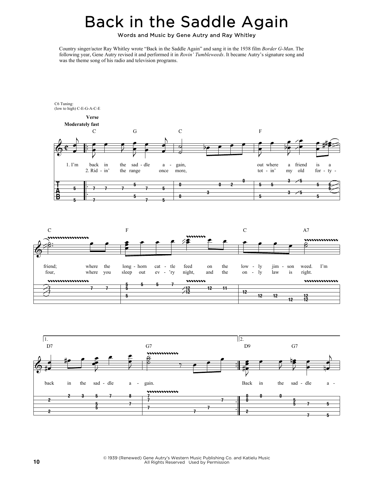 Gene Autry Back In The Saddle Again (arr. Fred Sokolow) sheet music notes and chords arranged for Guitar Tab