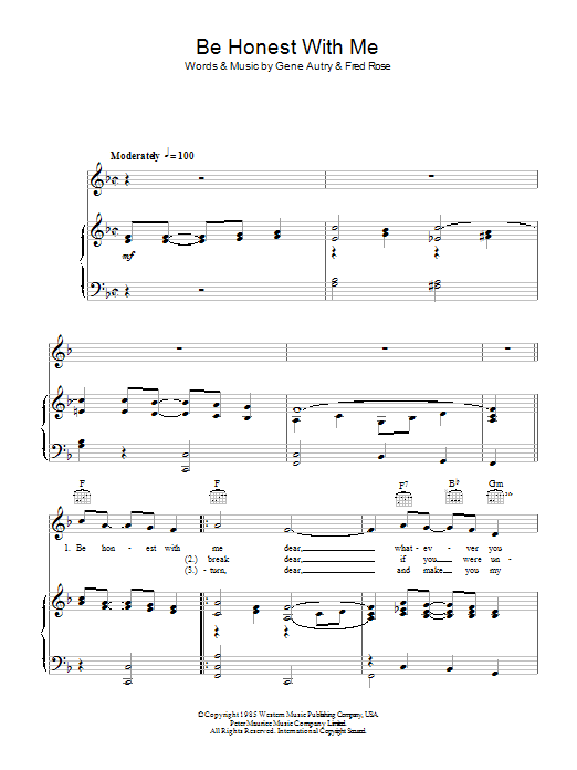 Gene Autry Be Honest With Me sheet music notes and chords arranged for Piano, Vocal & Guitar Chords (Right-Hand Melody)