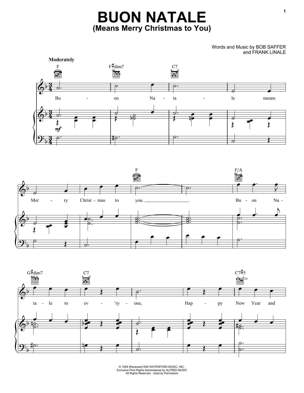 Gene Autry Buon Natale (Means Merry Christmas To You) sheet music notes and chords arranged for Piano, Vocal & Guitar Chords (Right-Hand Melody)