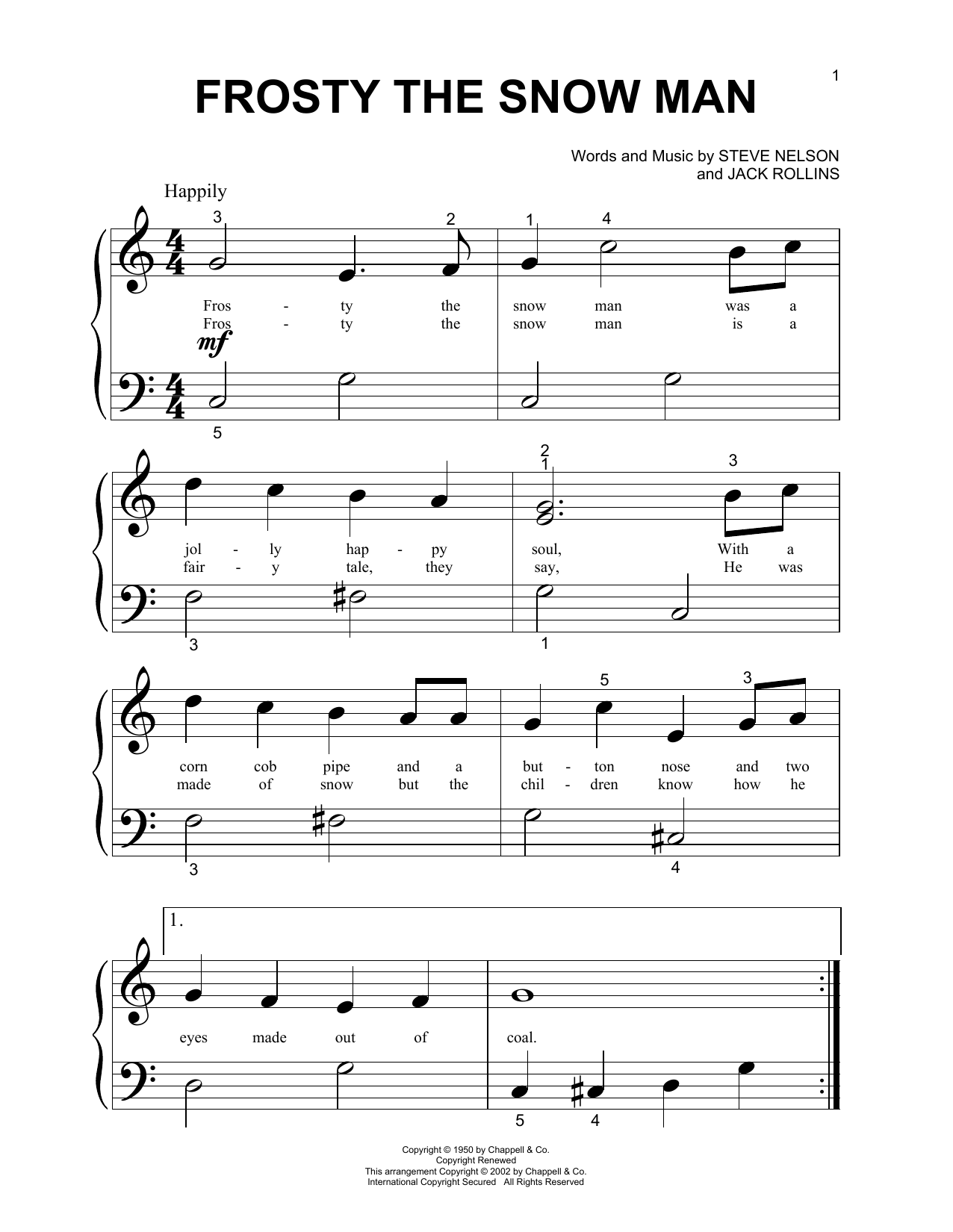 Gene Autry Frosty The Snow Man sheet music notes and chords arranged for Piano Solo