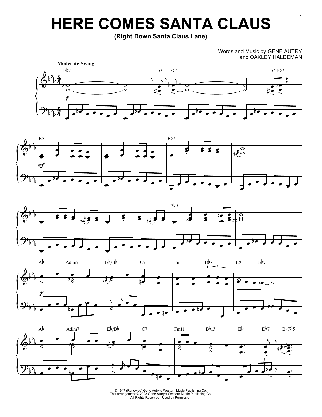 Gene Autry Here Comes Santa Claus [Boogie Woogie version] (arr. Brent Edstrom) sheet music notes and chords arranged for Piano Solo