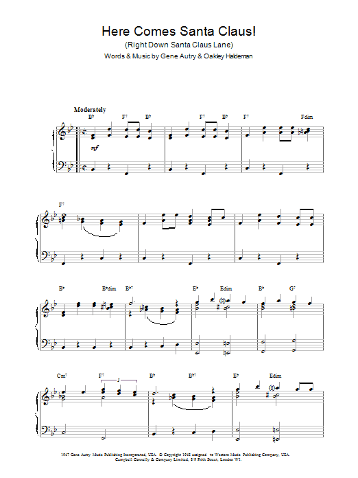 Gene Autry Here Comes Santa Claus sheet music notes and chords arranged for Piano Solo