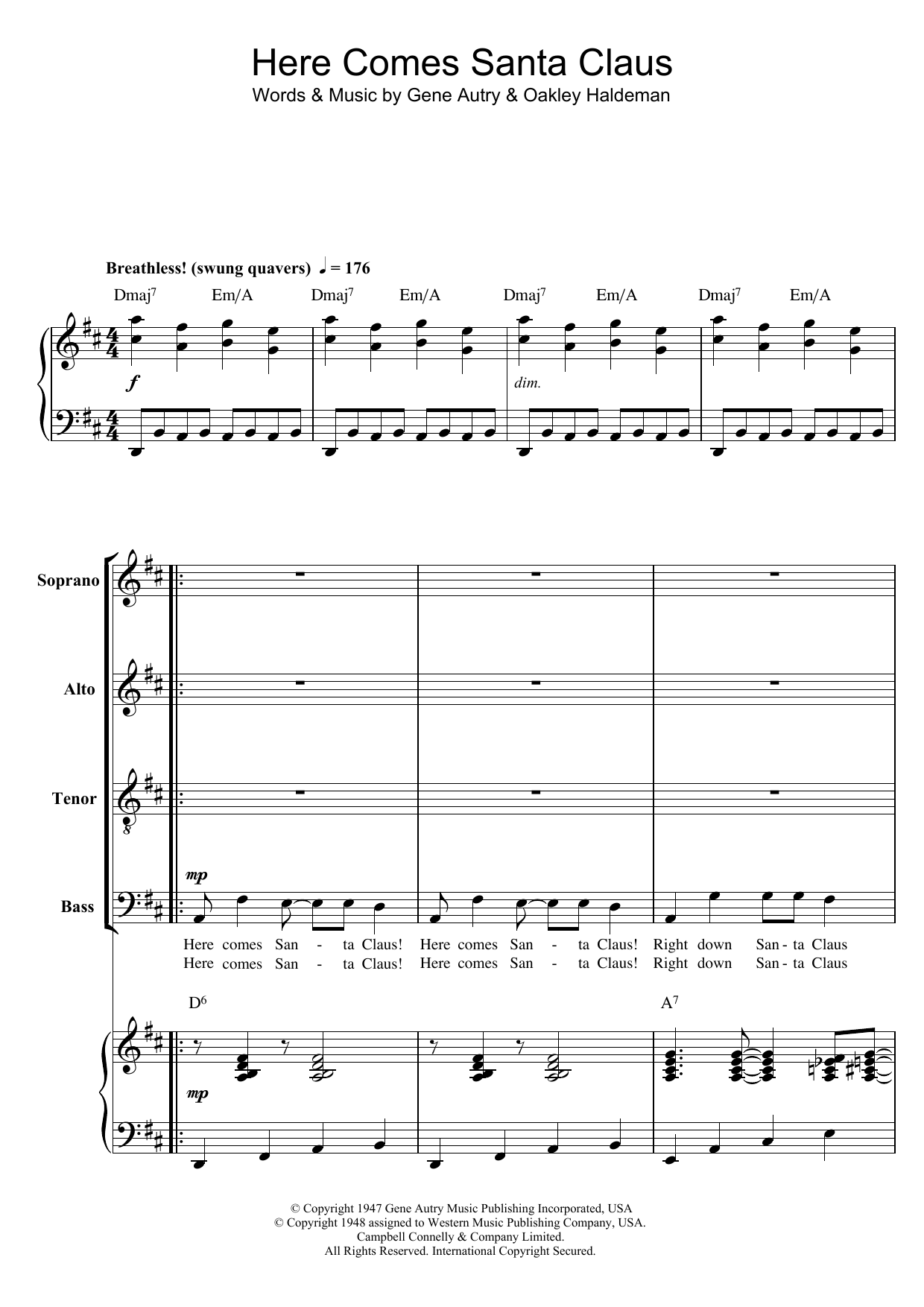 Gene Autry Here Comes Santa Claus (Right Down Santa Claus Lane) (arr. Berty Rice) sheet music notes and chords arranged for SATB Choir