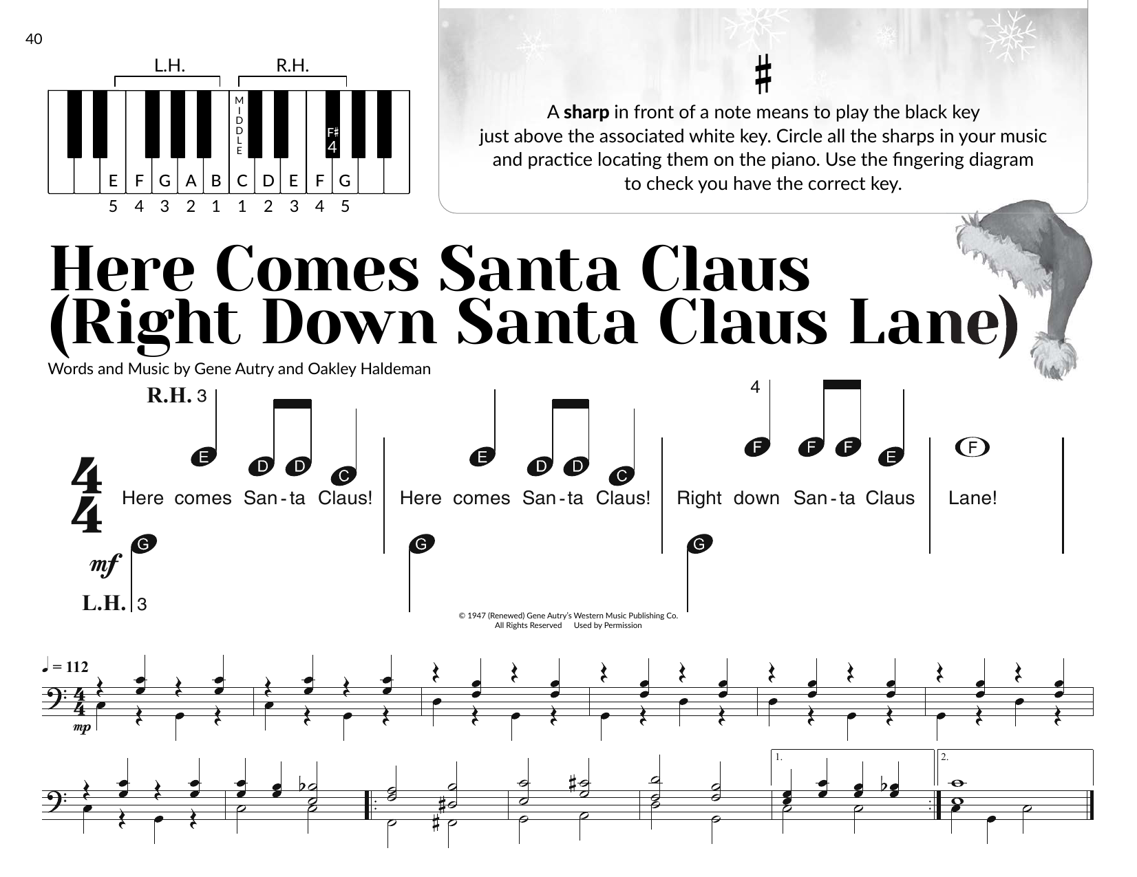 Gene Autry Here Comes Santa Claus (Right Down Santa Claus Lane) (arr. Brittany McCorriston) sheet music notes and chords arranged for Very Beginner Piano