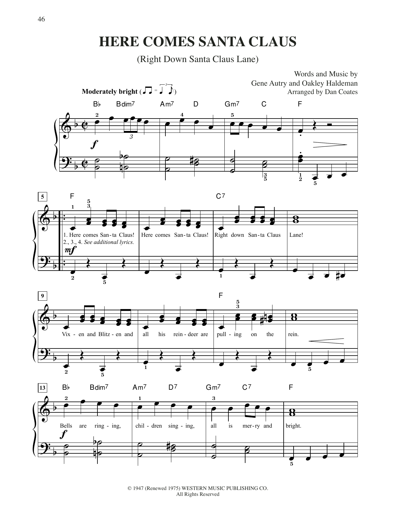 Gene Autry Here Comes Santa Claus (Right Down Santa Claus Lane) (arr. Dan Coates) sheet music notes and chords arranged for Easy Piano