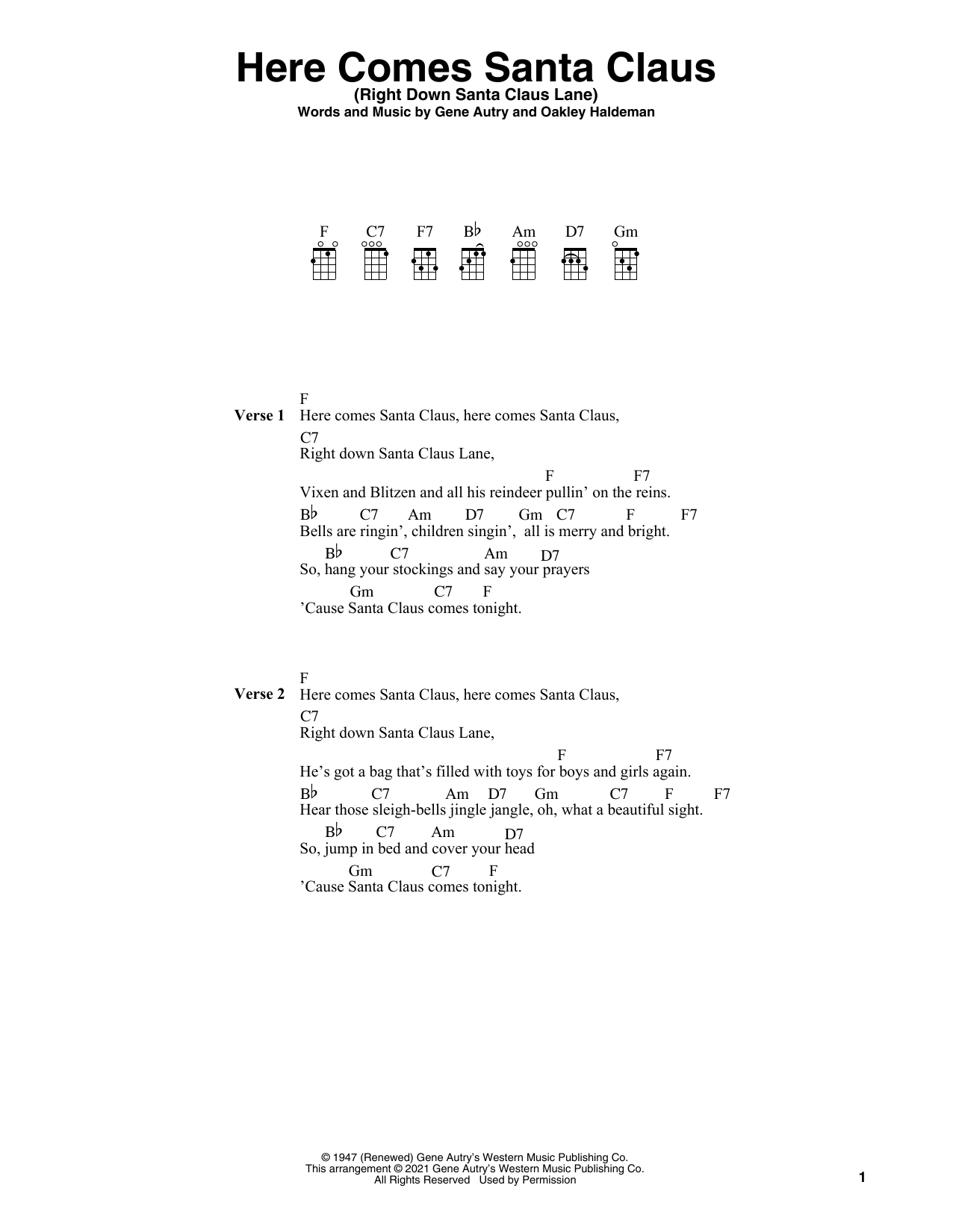 Gene Autry Here Comes Santa Claus (Right Down Santa Claus Lane) (arr. Fred Sokolow) sheet music notes and chords arranged for Ukulele