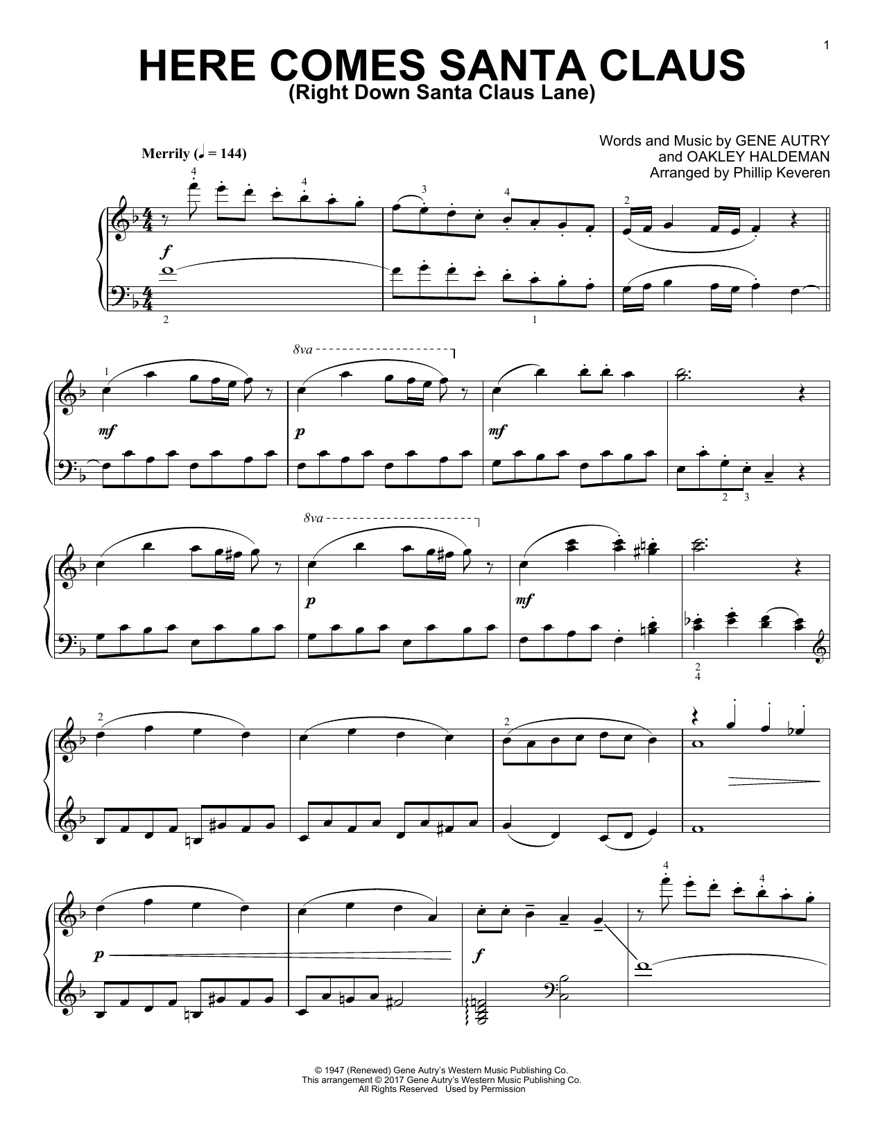 Gene Autry Here Comes Santa Claus (Right Down Santa Claus Lane) [Classical version] (arr. Phillip Keveren) sheet music notes and chords arranged for Piano Solo