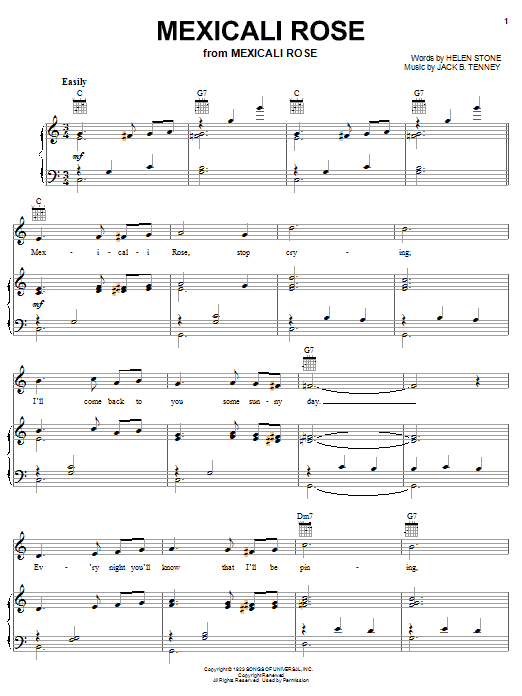 Gene Autry Mexicali Rose sheet music notes and chords arranged for Piano, Vocal & Guitar Chords (Right-Hand Melody)