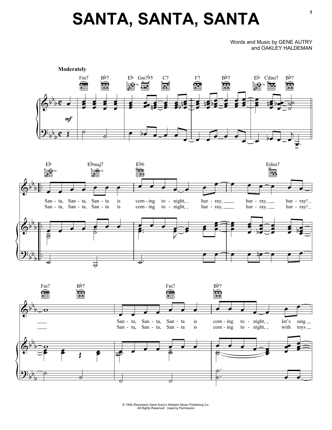 Gene Autry Santa, Santa, Santa sheet music notes and chords arranged for Piano, Vocal & Guitar Chords (Right-Hand Melody)