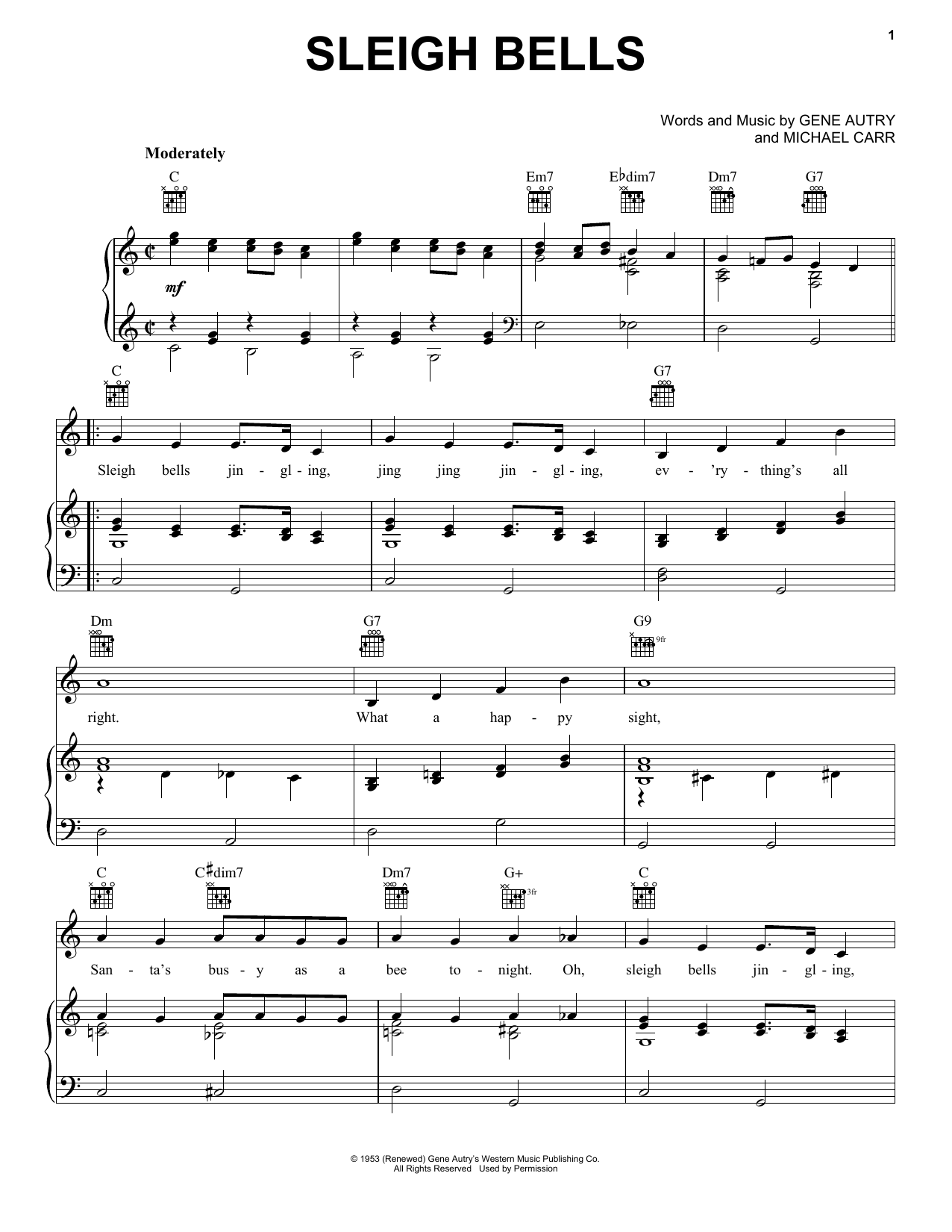 Gene Autry Sleigh Bells sheet music notes and chords arranged for Piano, Vocal & Guitar Chords (Right-Hand Melody)