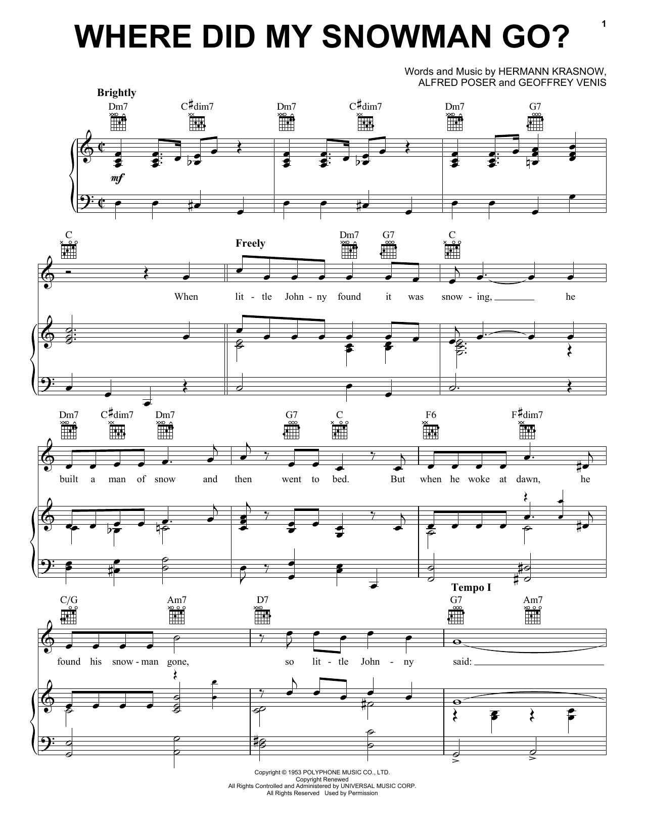 Gene Autry Where Did My Snowman Go? sheet music notes and chords arranged for Piano, Vocal & Guitar Chords (Right-Hand Melody)