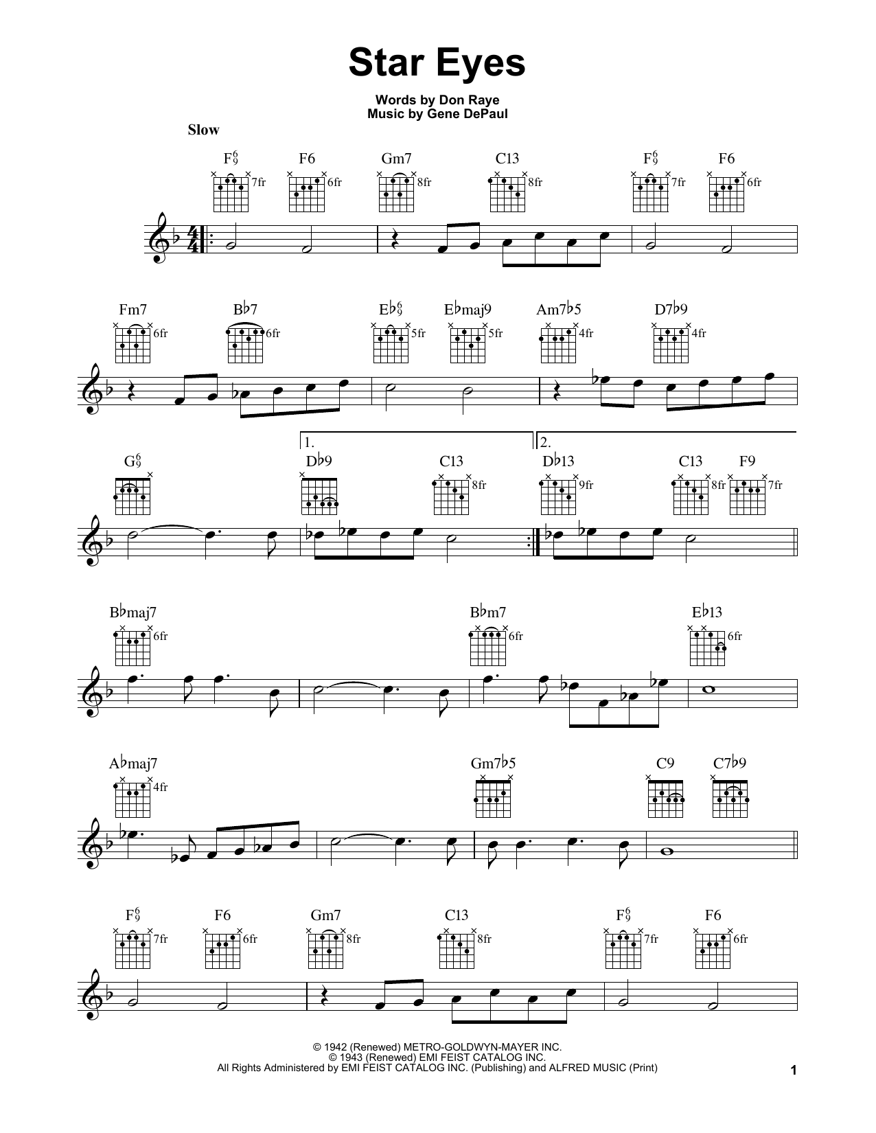 Gene De Paul Star Eyes sheet music notes and chords arranged for Easy Guitar