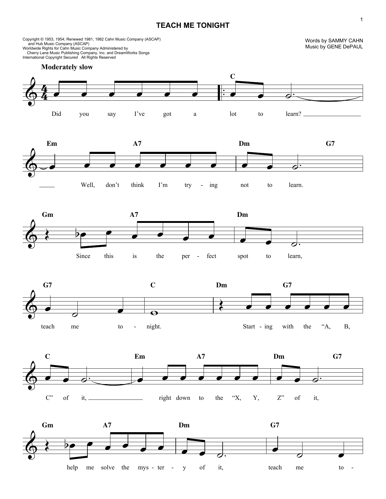Gene De Paul Teach Me Tonight sheet music notes and chords arranged for Lead Sheet / Fake Book