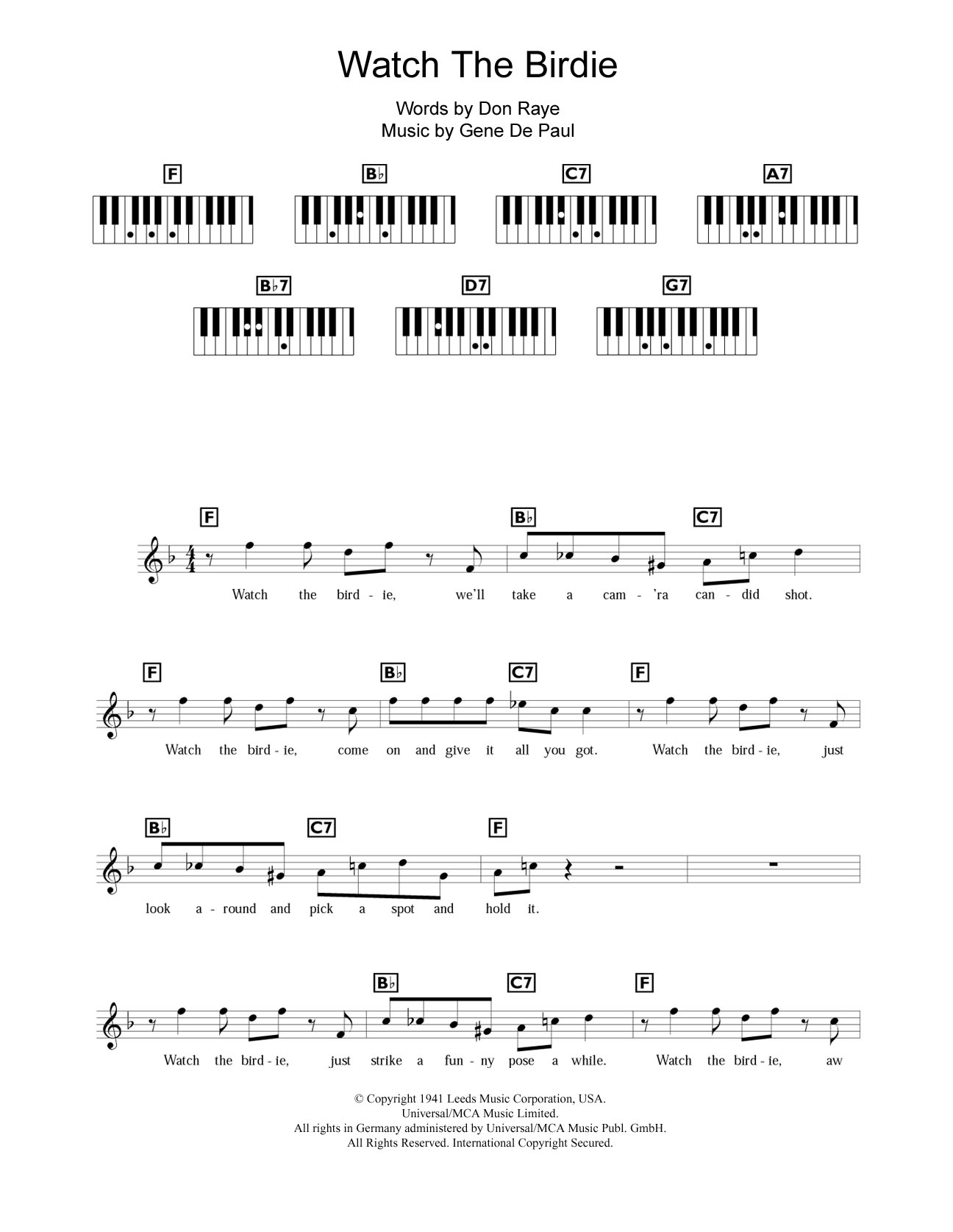 Gene De Paul Watch The Birdie sheet music notes and chords arranged for Piano Chords/Lyrics