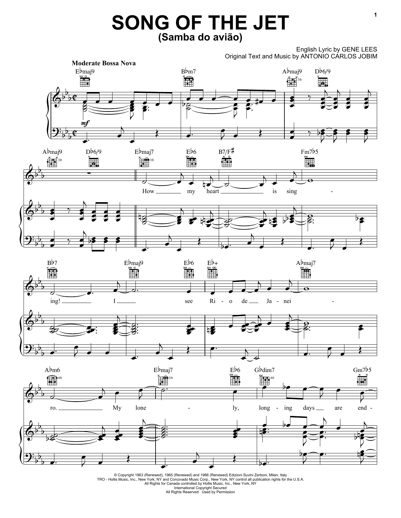 Gene Lees Song Of The Jet (Samba do Aviao) sheet music notes and chords arranged for Piano, Vocal & Guitar Chords (Right-Hand Melody)