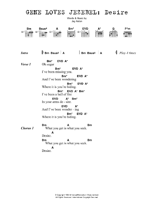 Gene Loves Jezebel Desire sheet music notes and chords arranged for Guitar Chords/Lyrics