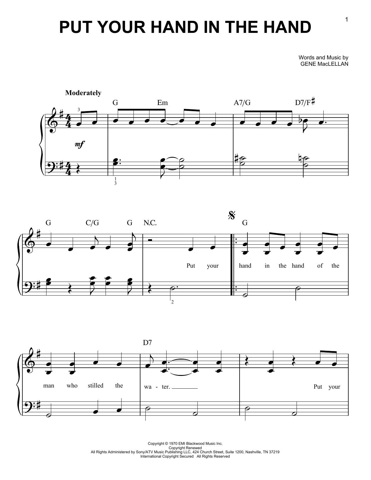 Gene MacLellan Put Your Hand In The Hand sheet music notes and chords arranged for Easy Piano