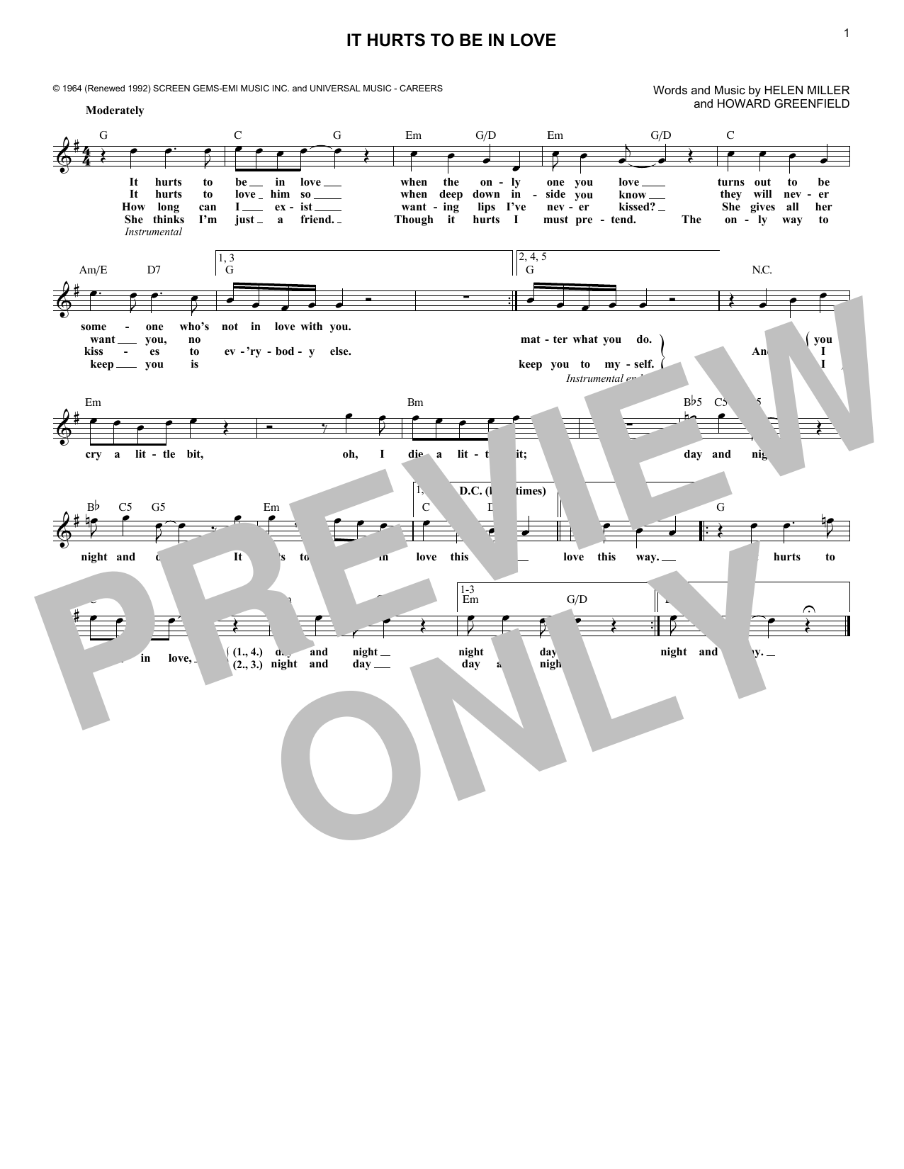 Gene Pitney It Hurts To Be In Love sheet music notes and chords arranged for Lead Sheet / Fake Book
