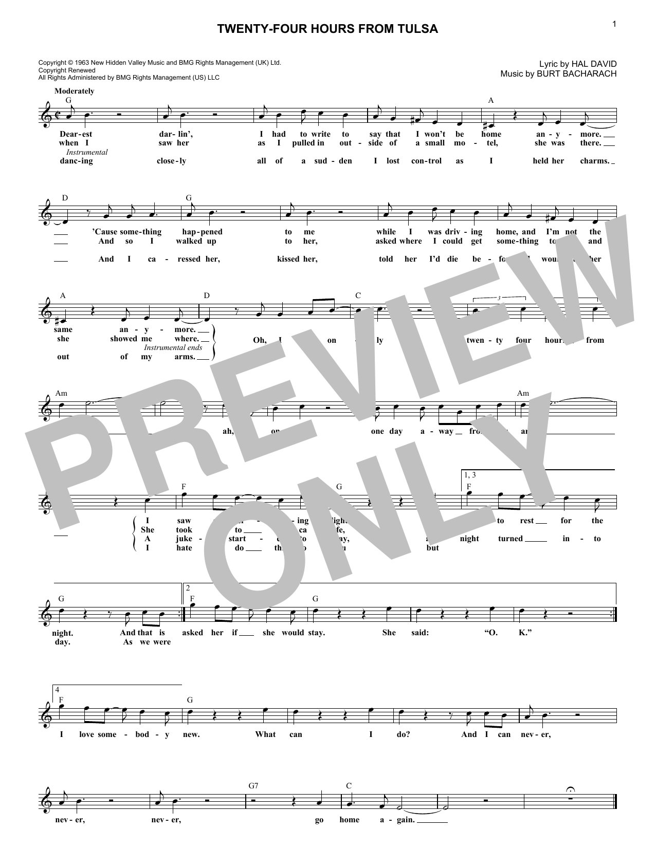 Gene Pitney Twenty-Four Hours From Tulsa sheet music notes and chords arranged for Lead Sheet / Fake Book