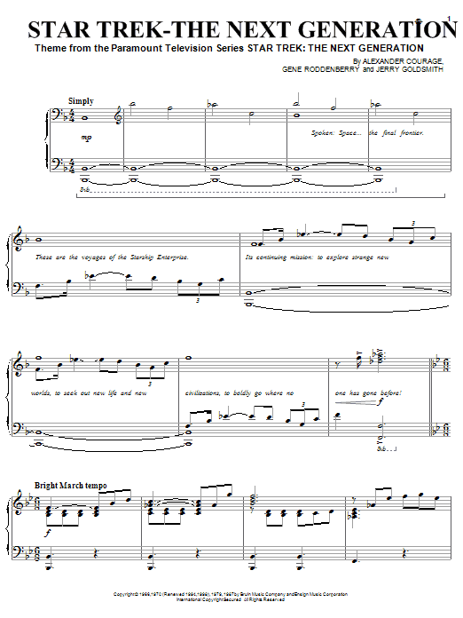 Gene Roddenberry Star Trek - The Next Generation sheet music notes and chords arranged for Piano Solo