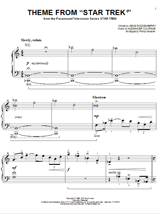 Gene Roddenberry Theme from Star Trek (arr. Phillip Keveren) sheet music notes and chords arranged for Easy Piano