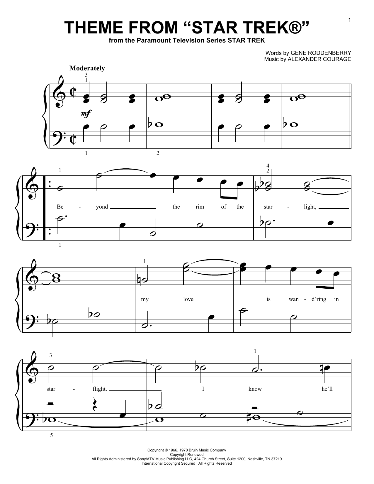 Gene Roddenberry Theme from Star Trek(R) sheet music notes and chords arranged for Big Note Piano