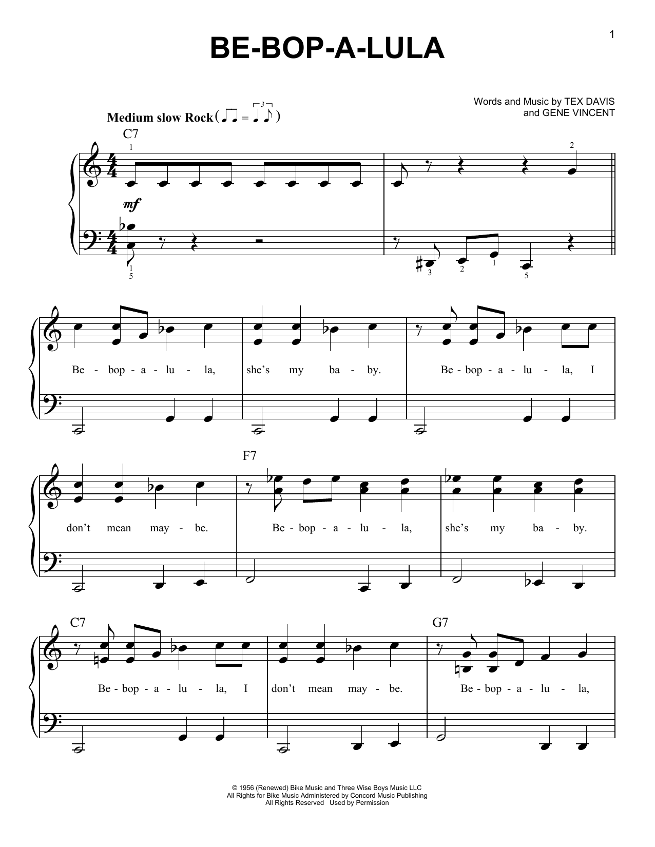 Gene Vincent Be-Bop-A-Lula sheet music notes and chords arranged for Piano, Vocal & Guitar Chords (Right-Hand Melody)