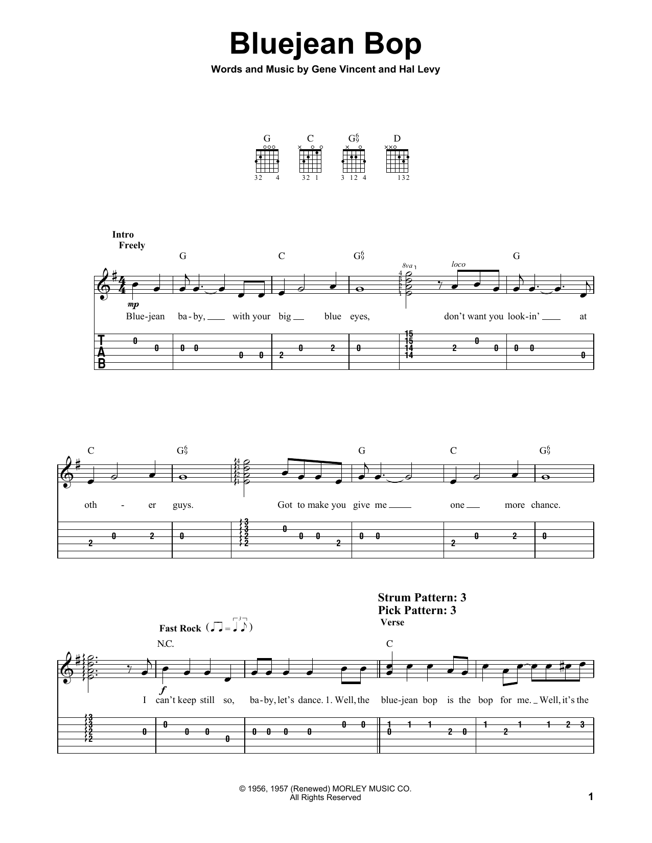 Gene Vincent Bluejean Bop sheet music notes and chords arranged for Guitar Tab